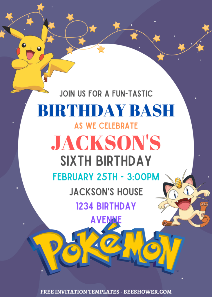 11+ Best Ever Pokemon Canva Birthday Invitation Templates with cute Meowth and Pikachu