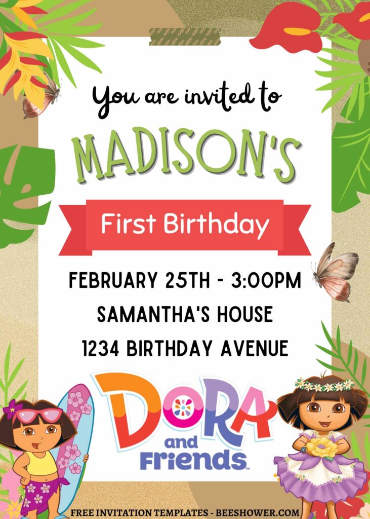 10+ Dora And Friends Jungle Adventure Canva Birthday Invitation Templates with Hawaiian Dora