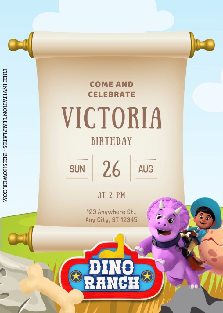 7+ Adorable Prehistoric Dino Ranch Canva Birthday Invitation Templates with Papyrus Scroll