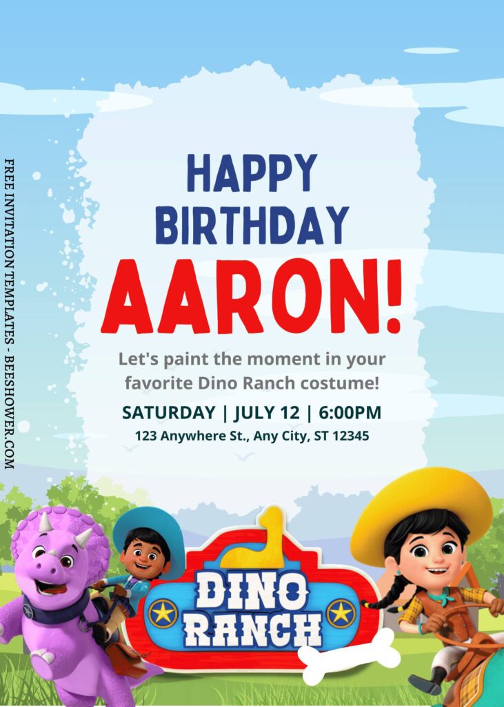 9+ ROAR-SOME Dino Ranch Canva Birthday Invitation Templates with sky background