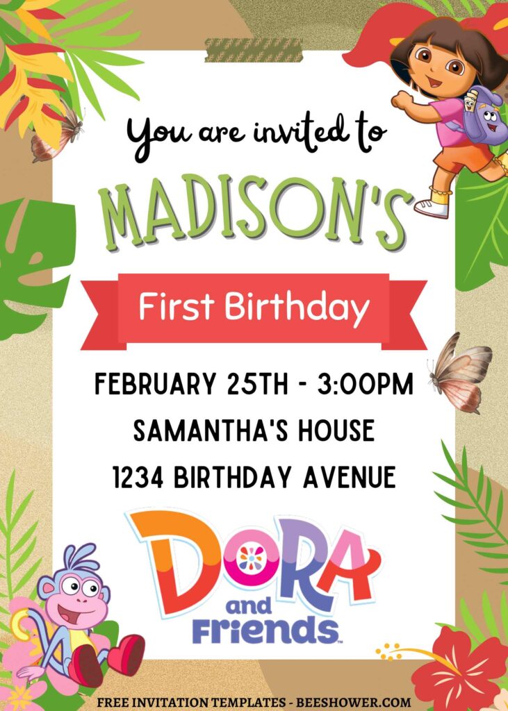 10+ Dora And Friends Jungle Adventure Canva Birthday Invitation Templates with beautiful butterfly