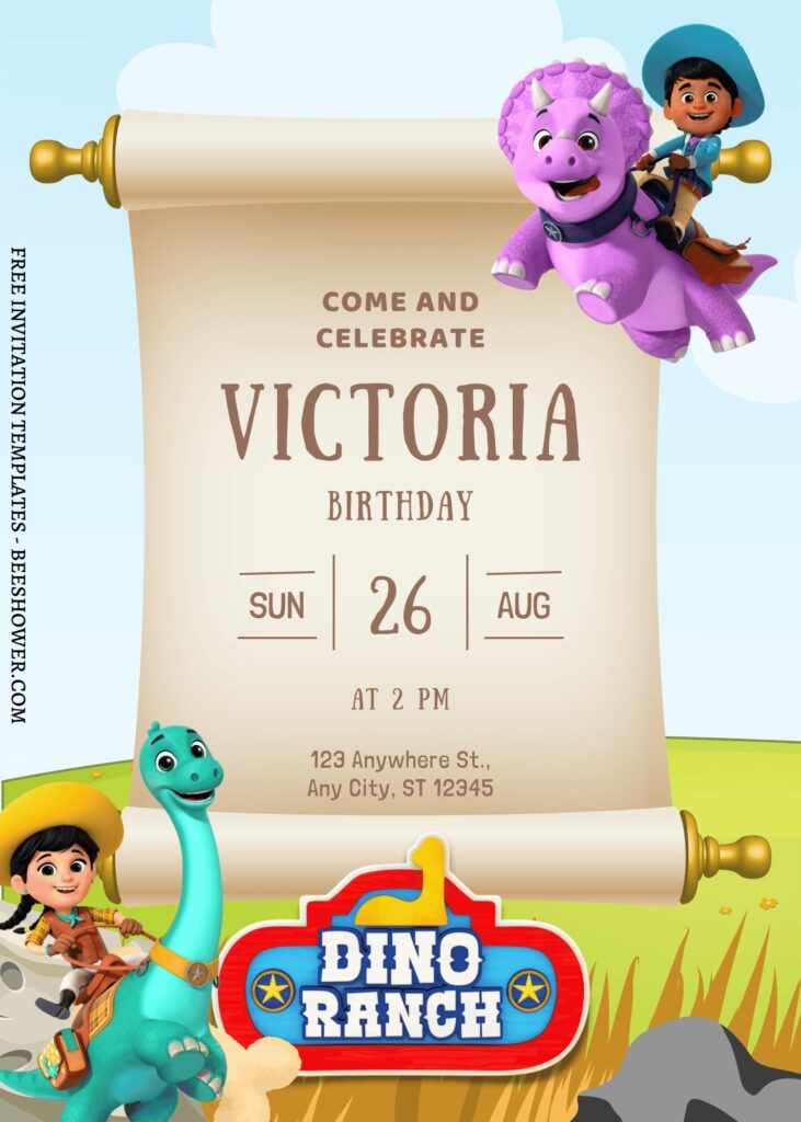 7+ Adorable Prehistoric Dino Ranch Canva Birthday Invitation Templates with Miguel and Tango