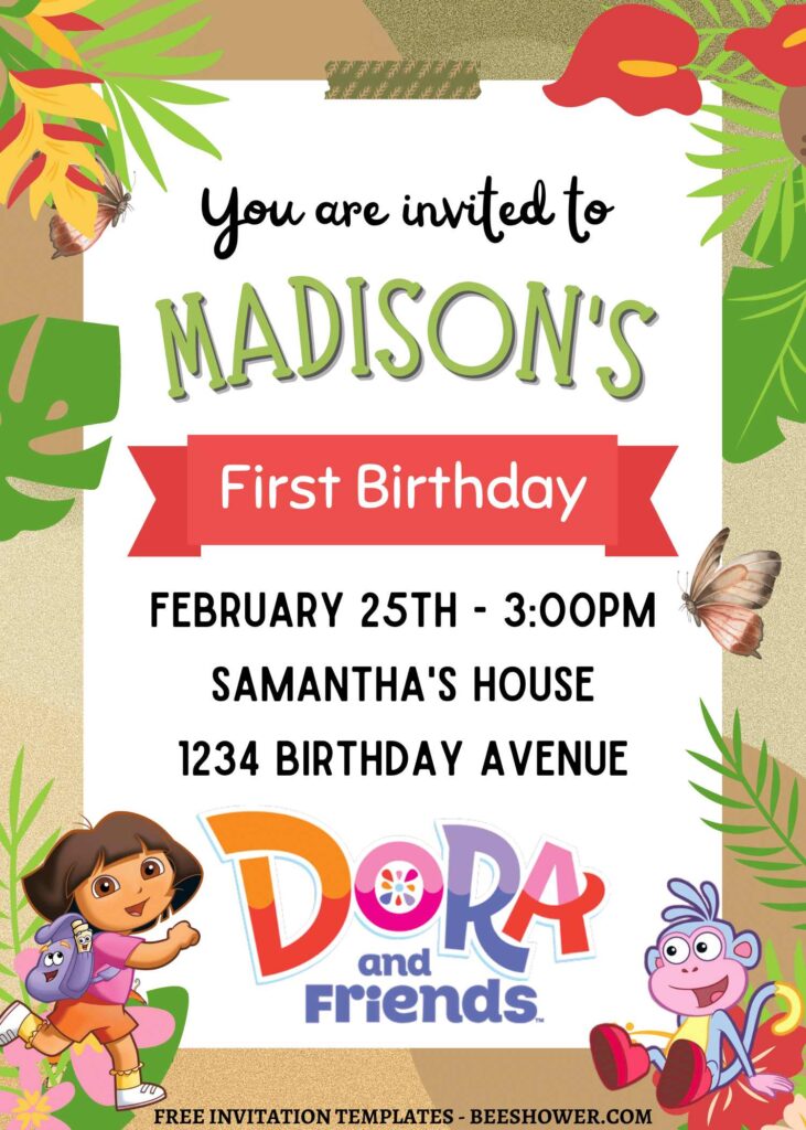 10+ Dora And Friends Jungle Adventure Canva Birthday Invitation Templates with greenery border