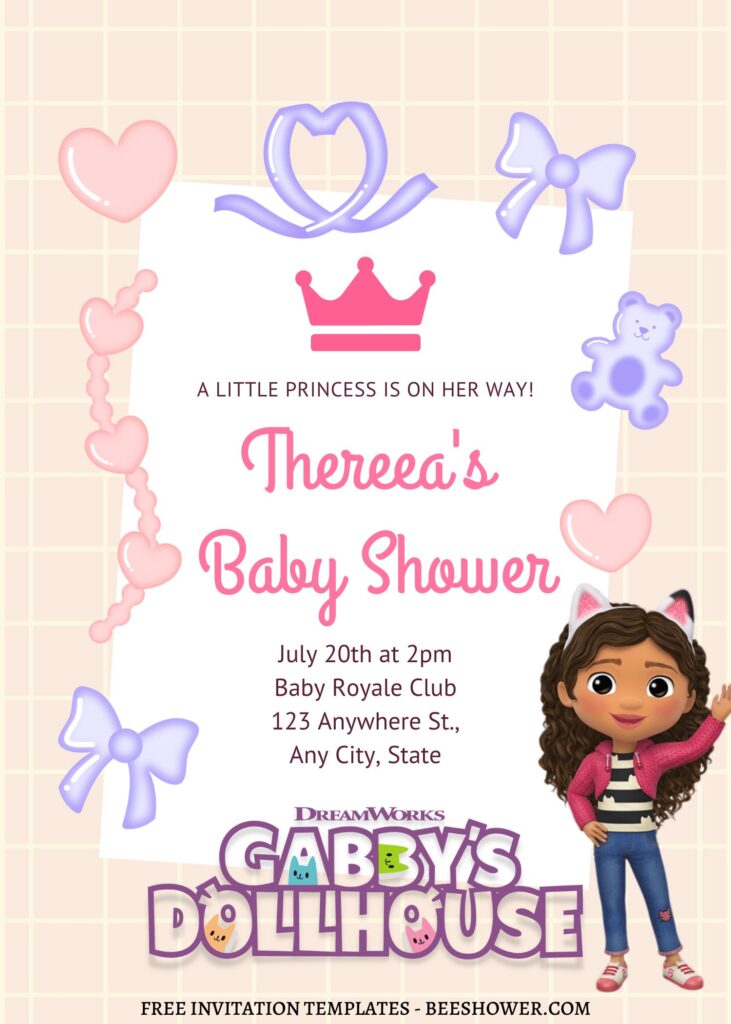 7+ Gabby Dollhouse Canva Birthday Invitation For Your Daughter's Birthday with watercolor ribbon and hearts
