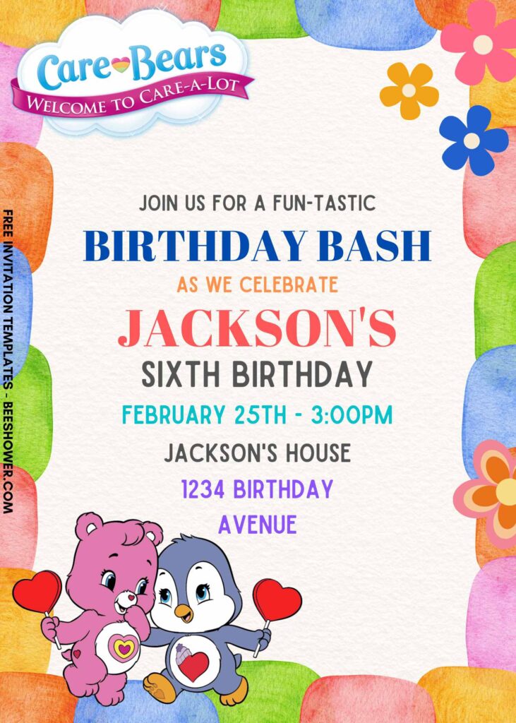 7+ A Whole Lot Of Fun Care Bears Canva Birthday Invitation Templates with adorable heart shaped balloons