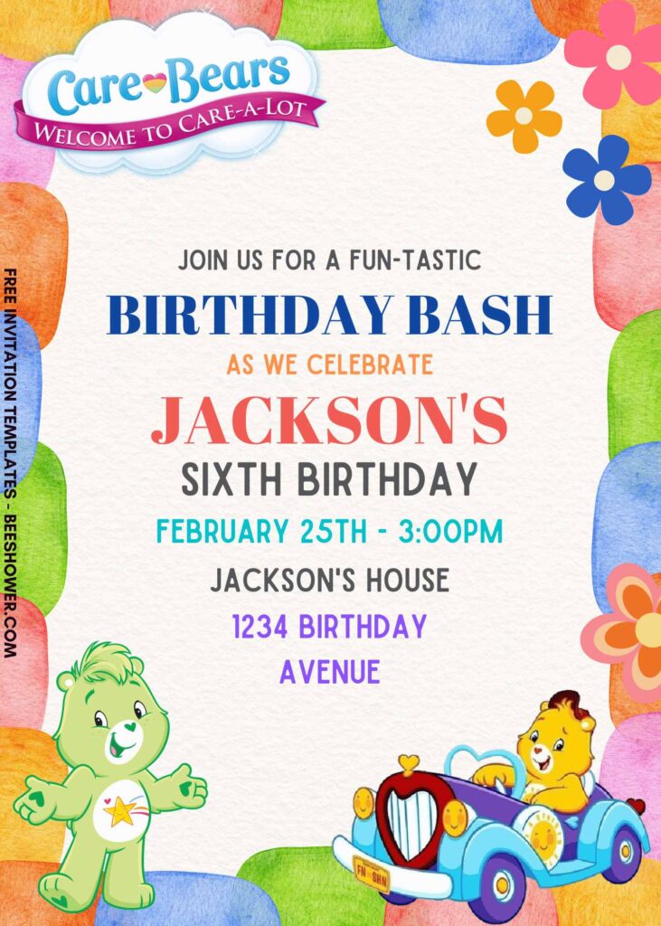 7+ A Whole Lot Of Fun Care Bears Canva Birthday Invitation Templates with Happiness hear