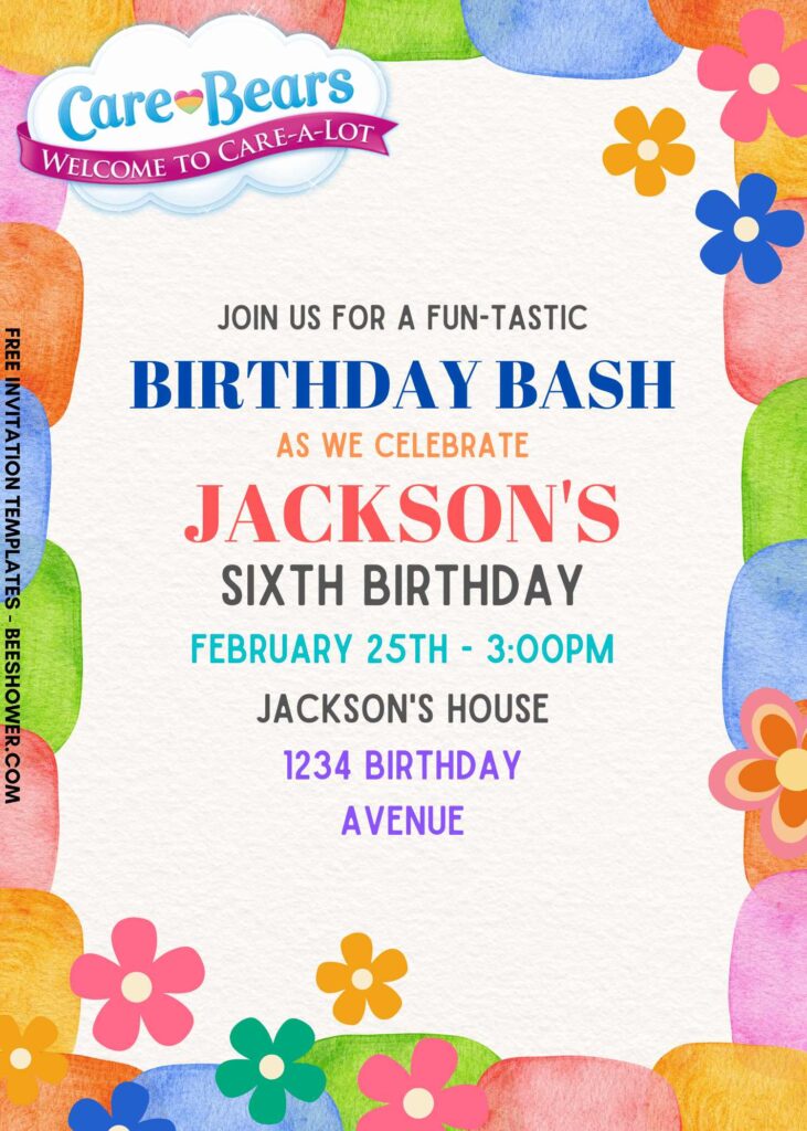 7+ A Whole Lot Of Fun Care Bears Canva Birthday Invitation Templates with colorful text
