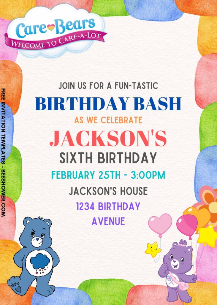 7+ A Whole Lot Of Fun Care Bears Canva Birthday Invitation Templates with cute Grumpy Bear