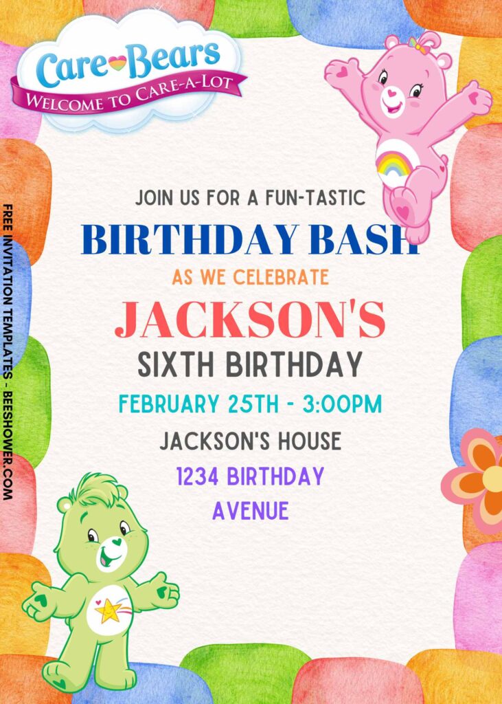 7+ A Whole Lot Of Fun Care Bears Canva Birthday Invitation Templates with colorful rainbow colored background