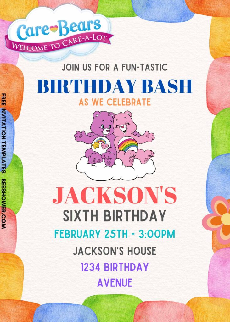 7+ A Whole Lot Of Fun Care Bears Canva Birthday Invitation Templates with colorful hand drawn watercolor border