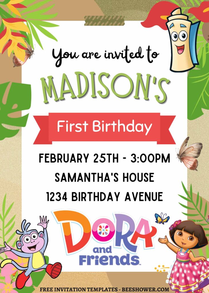 10+ Dora And Friends Jungle Adventure Canva Birthday Invitation Templates with Boots