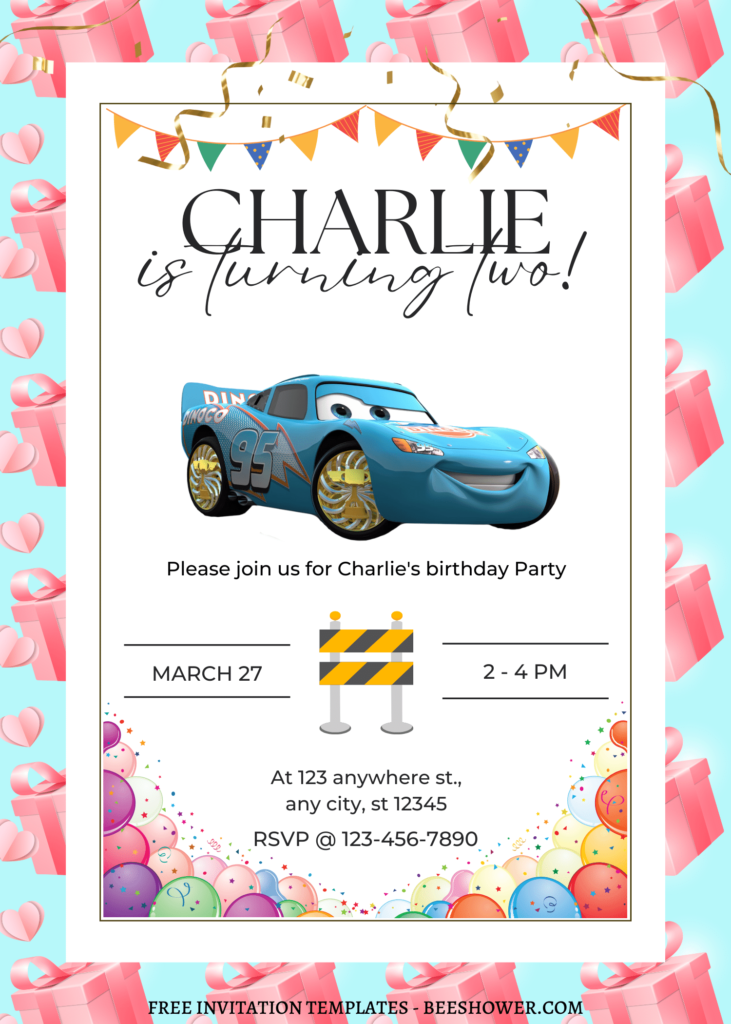 8+ Fun Disney Pixar Cars Canva Birthday Invitation Templates  with cute sally Carerra