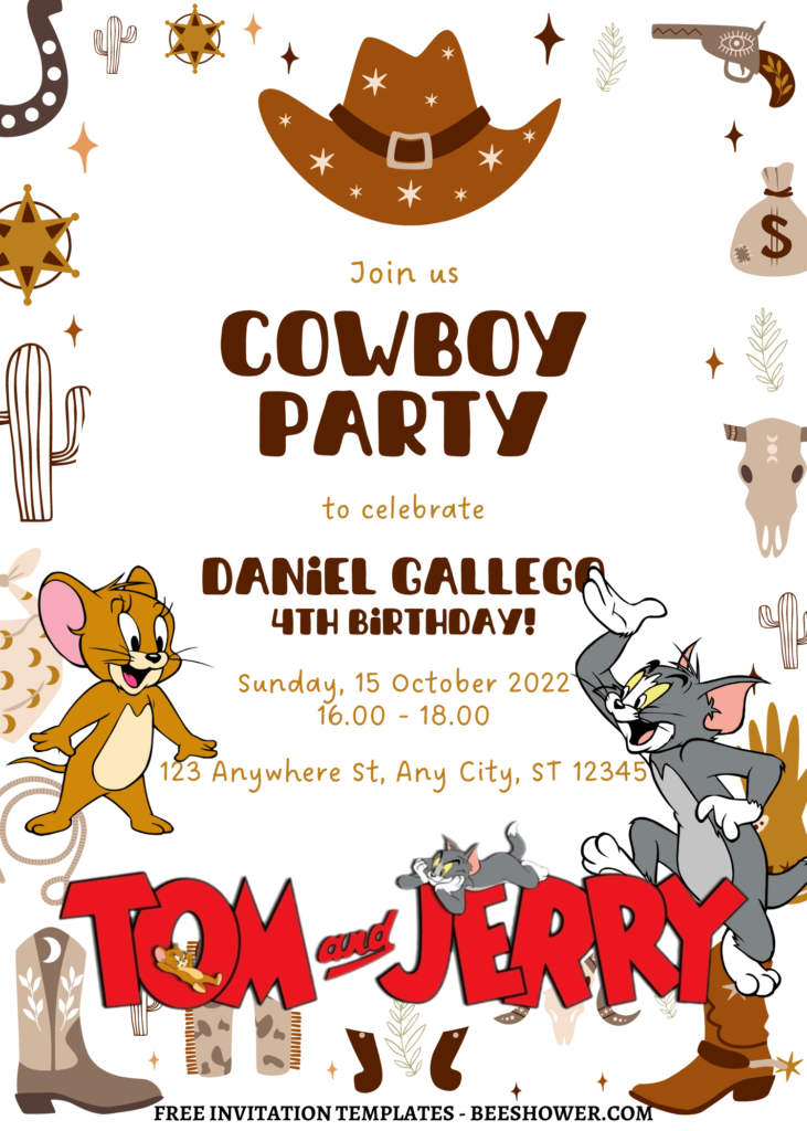 9+ Cute Wild West Tom & Jerry Canva Birthday Invitation Templates with Tom and Jerry logo