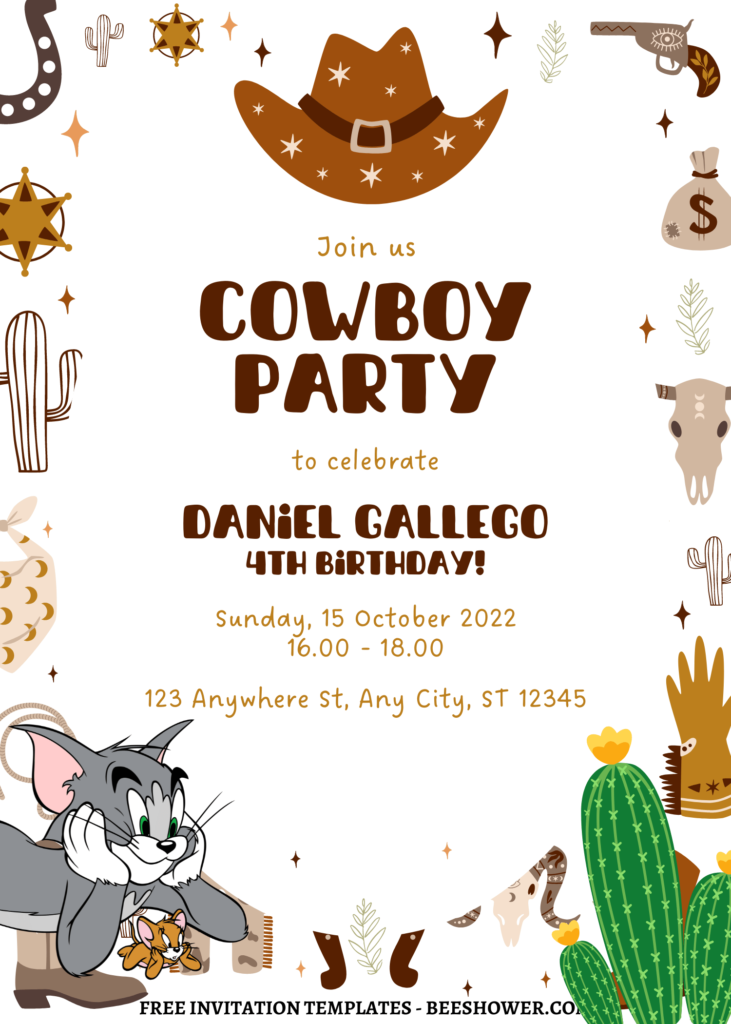 9+ Cute Wild West Tom & Jerry Canva Birthday Invitation Templates with cowboy boot