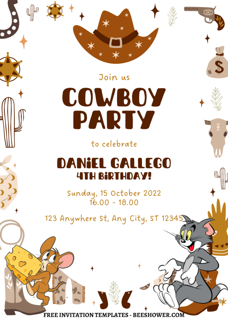 9+ Cute Wild West Tom & Jerry Canva Birthday Invitation Templates with Cowboy hat