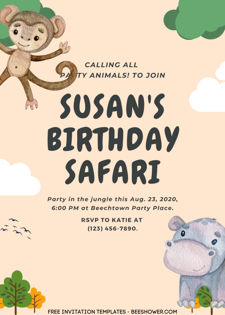 9+ Party In The Jungle Safari Canva Birthday Invitation Templates with Baby Hippotatamus