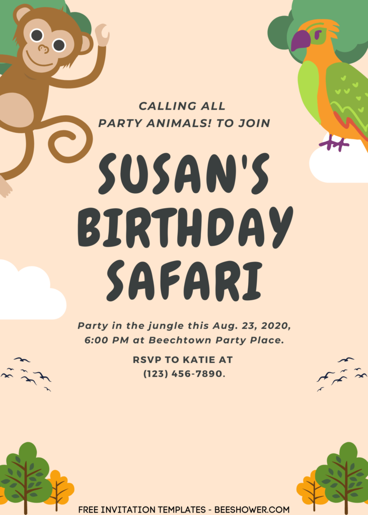 9+ Party In The Jungle Safari Canva Birthday Invitation Templates with baby monkey and bird