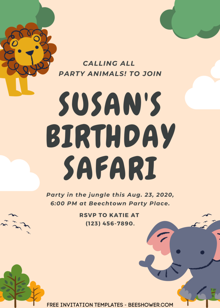 9+ Party In The Jungle Safari Canva Birthday Invitation Templates with cute cartoon lion