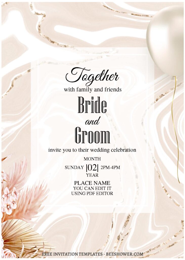 (Free Editable PDF) Dreamy Boho Pampas Wedding Invitation Templates with watercolor pampas
