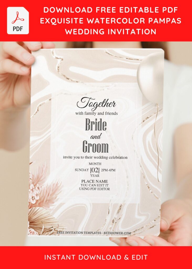 (Free Editable PDF) Dreamy Boho Pampas Wedding Invitation Templates with Rustic Boho Pampas Grass