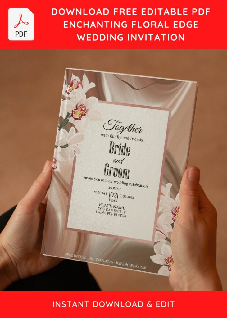 (Free Editable PDF) Splendid Floral Edge Wedding Invitation Templates  with gold frame