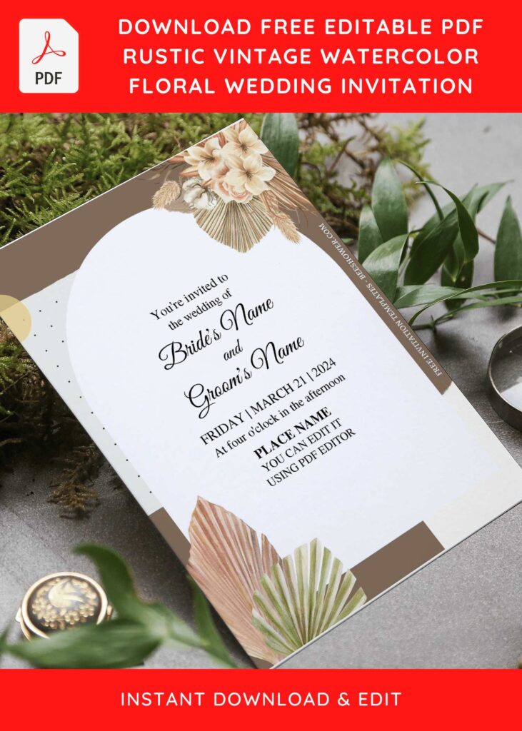 (Free Editable PDF) Brilliant Summer Boho Wedding Invitation Templates with hand drawn Pampas Grass