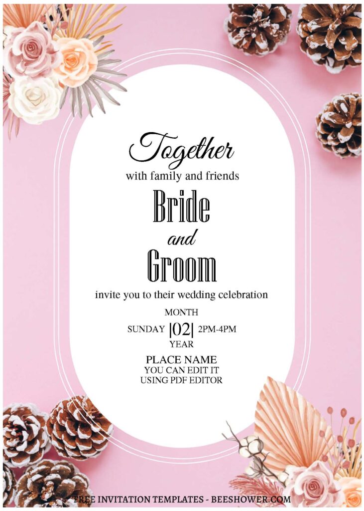 (Free Editable PDF) Dreamy Spring Pine Cone Wedding Invitation Templates with beautiful Zinnia flowers