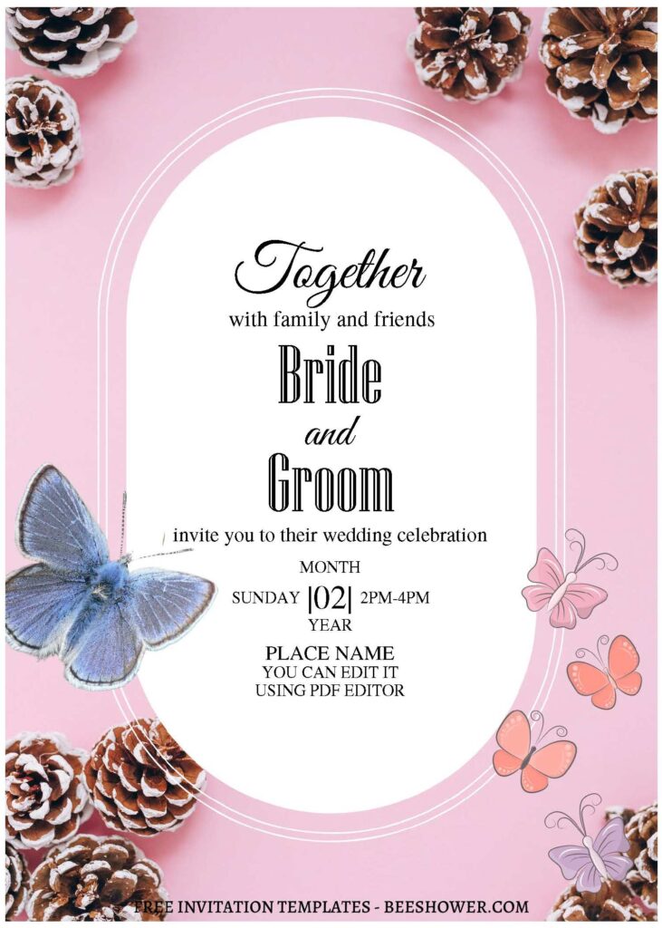 (Free Editable PDF) Dreamy Spring Pine Cone Wedding Invitation Templates with hand drawn realistic pine cone flowers