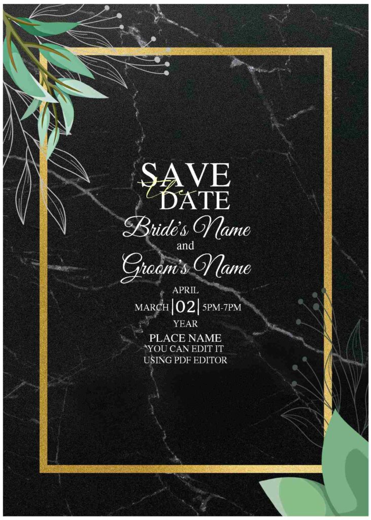 (Free Editable PDF) Elegant Marble Greenery Wedding Invitation Templates with black marble background