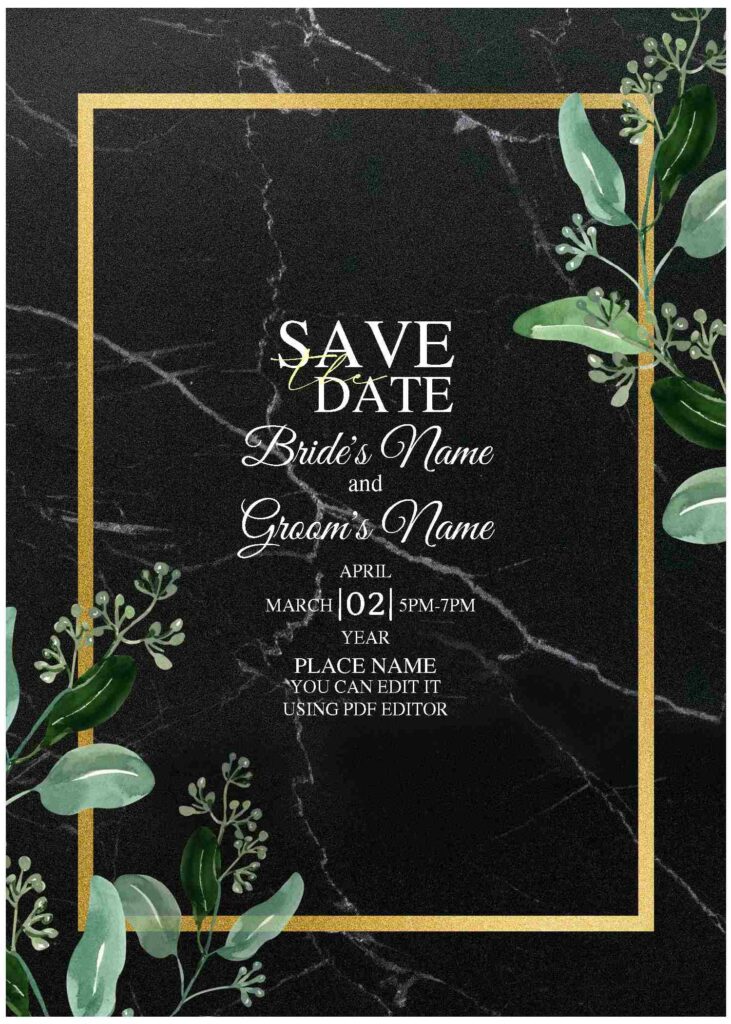 (Free Editable PDF) Elegant Marble Greenery Wedding Invitation Templates with gold frame
