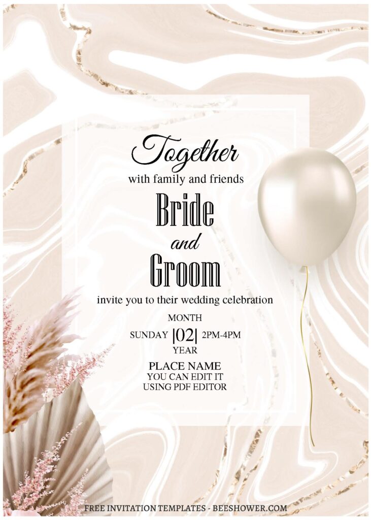 (Free Editable PDF) Dreamy Boho Pampas Wedding Invitation Templates with stunning balloon