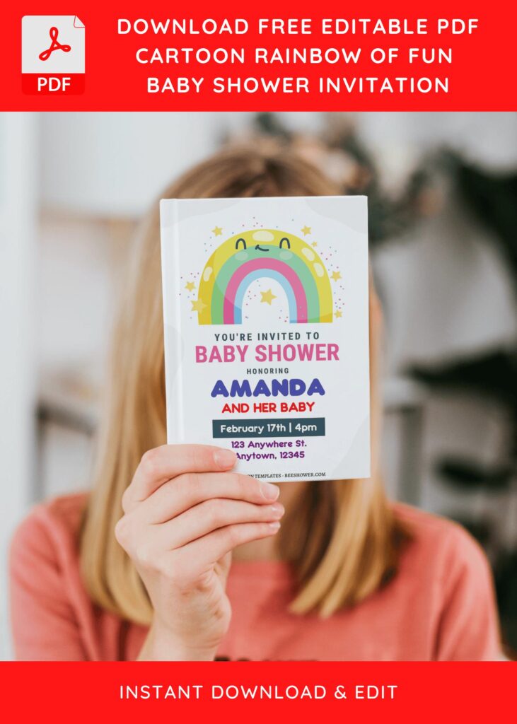 (Free Editable PDF) Colorful Pastel Rainbow Baby Shower Invitation Templates J