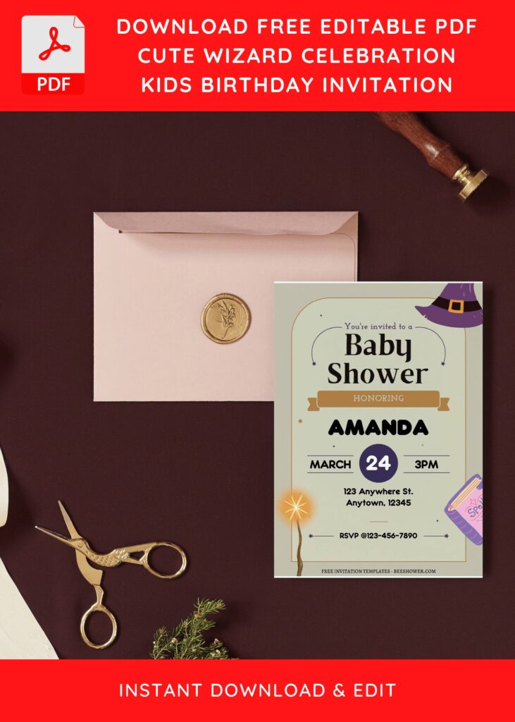 (Free Editable PDF) Adorable Wizard Baby Shower Invitation Templates I
