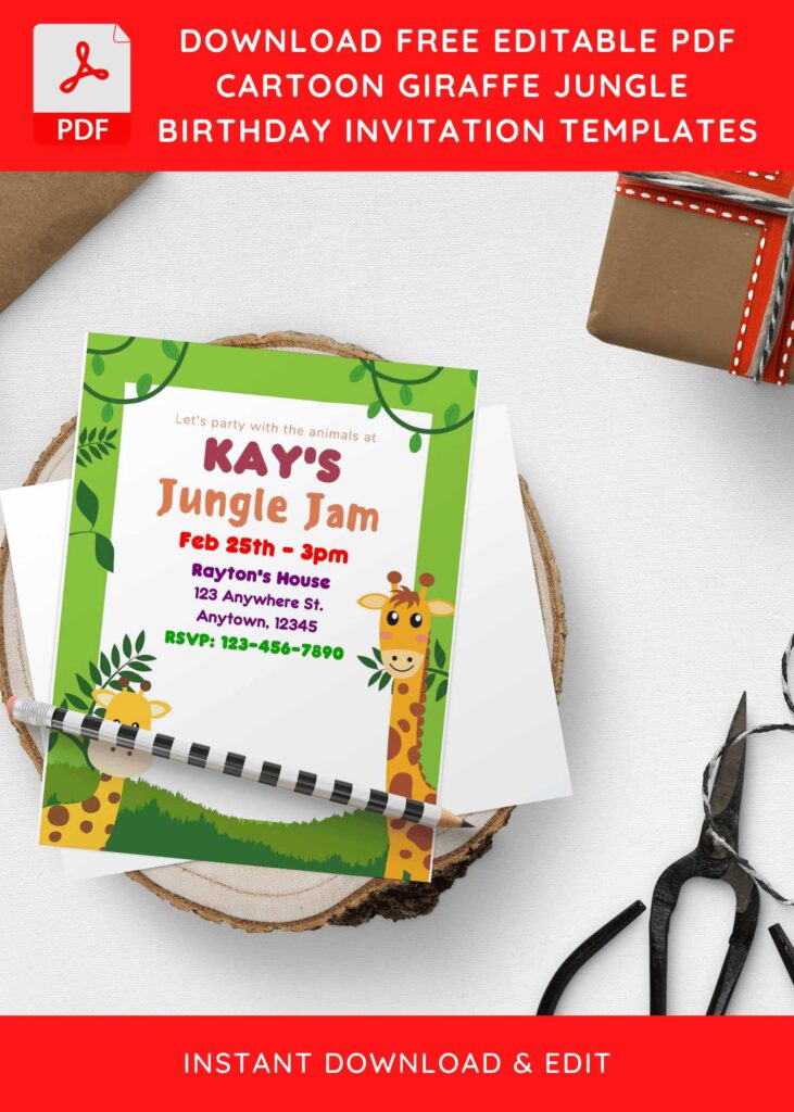 (Free Editable PDF) Cute Giraffe Jungle Baby Shower Invitation Templates H