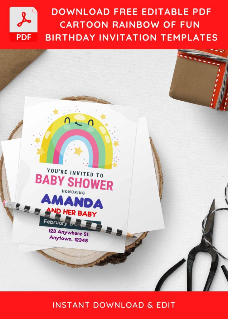 (Free Editable PDF) Colorful Pastel Rainbow Baby Shower Invitation Templates H