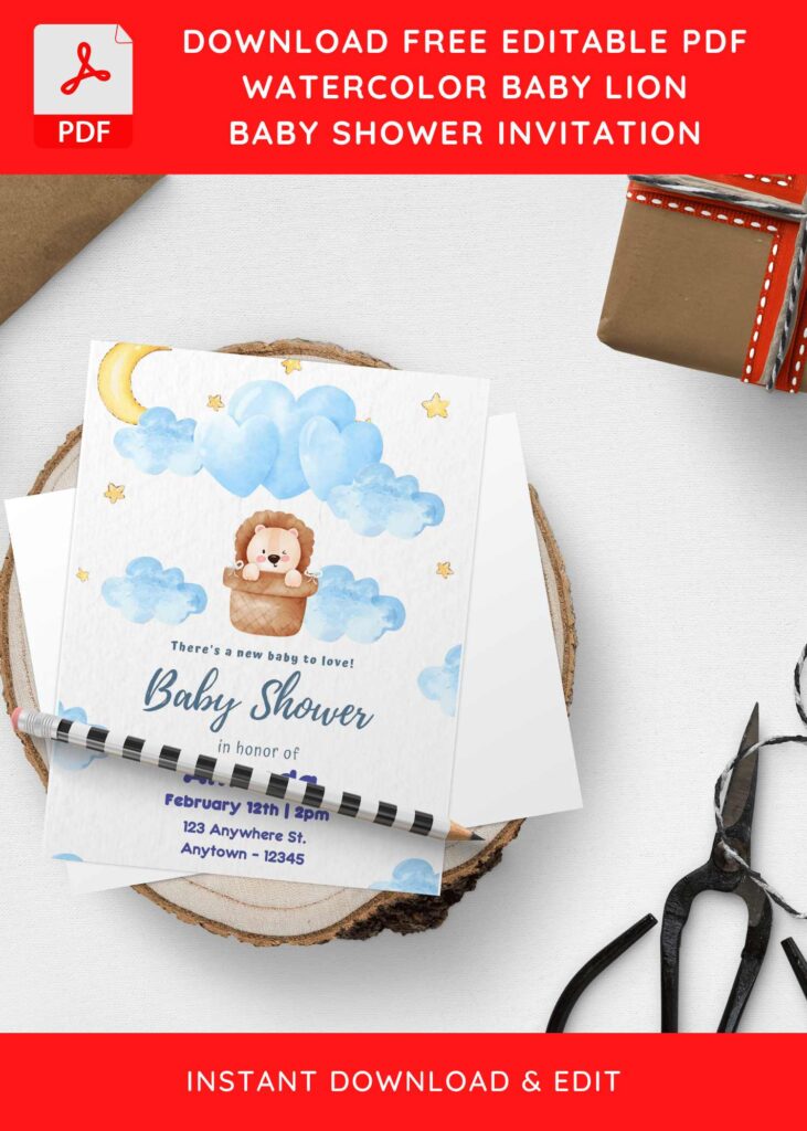 (Free Editable PDF) Lovely Cute Lion Baby Shower Invitation Templates H
