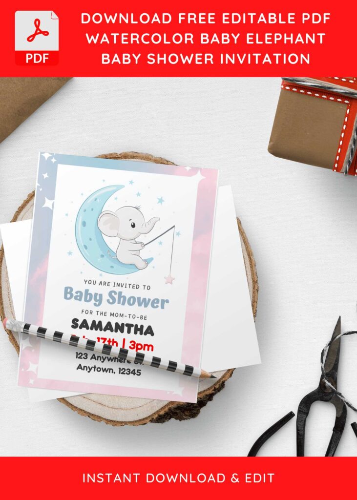 (Free Editable PDF) Watercolor Baby Elephant Baby Shower Invitation Templates H