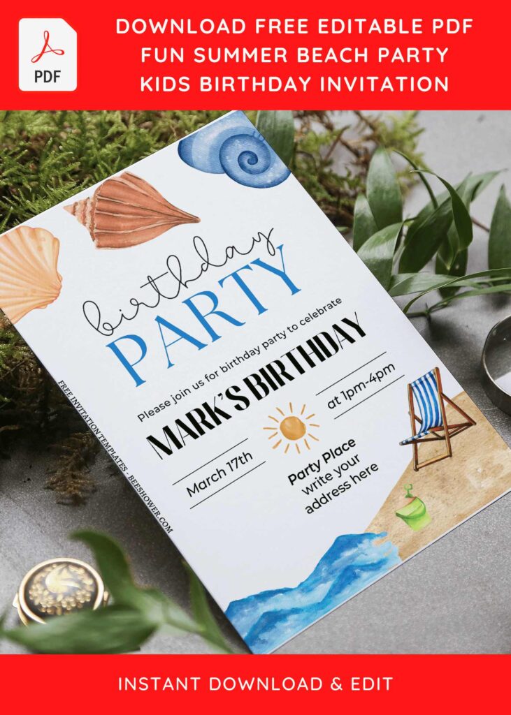 (Free Editable PDF) Beautiful Summer Party Invitation Templates with sea clam