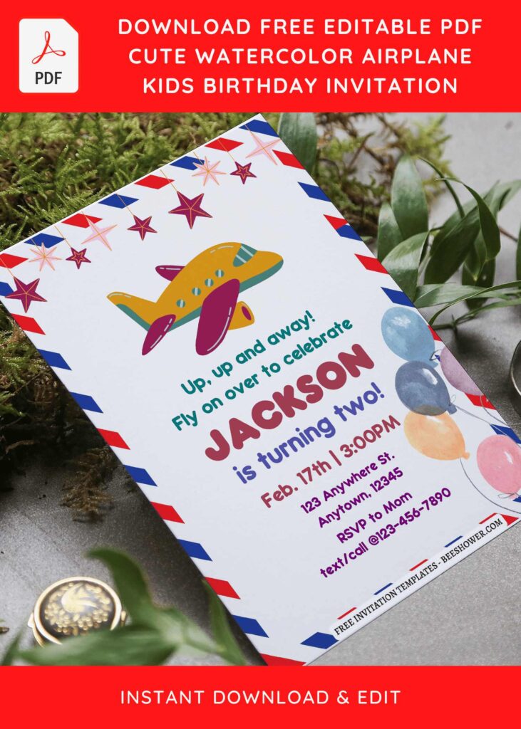 (Free Editable PDF) Cute Watercolor Airplane Birthday Invitation Templates  F