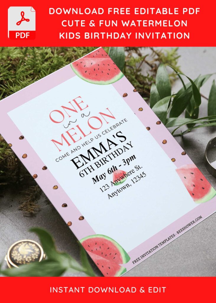 (Free Editable PDF) Summertime Watermelon Baby Shower invitation Templates F