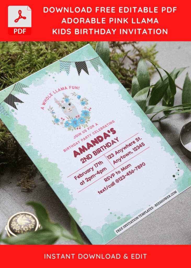 (Free Editable PDF) Adorable Llama Fiesta Baby Shower Invitation Templates F