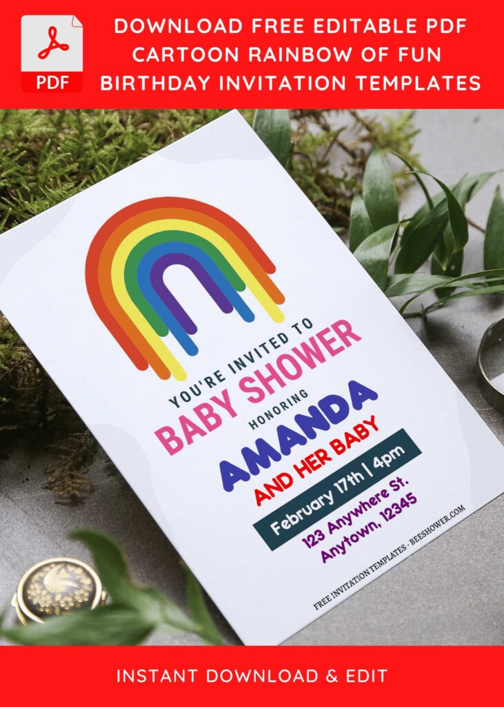 (Free Editable PDF) Colorful Pastel Rainbow Baby Shower Invitation Templates F
