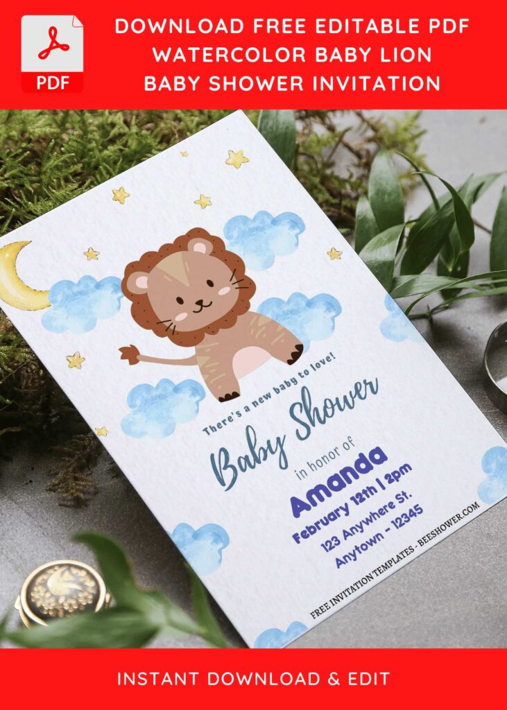 (Free Editable PDF) Lovely Cute Lion Baby Shower Invitation Templates F