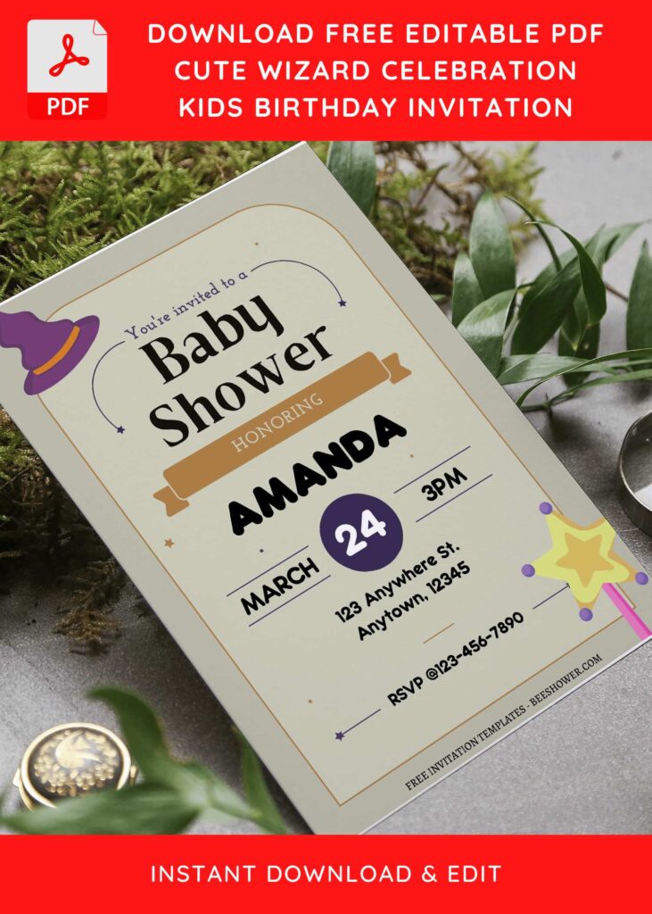 (Free Editable PDF) Adorable Wizard Baby Shower Invitation Templates F