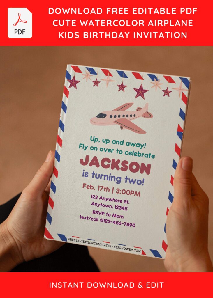 (Free Editable PDF) Cute Watercolor Airplane Birthday Invitation Templates  E