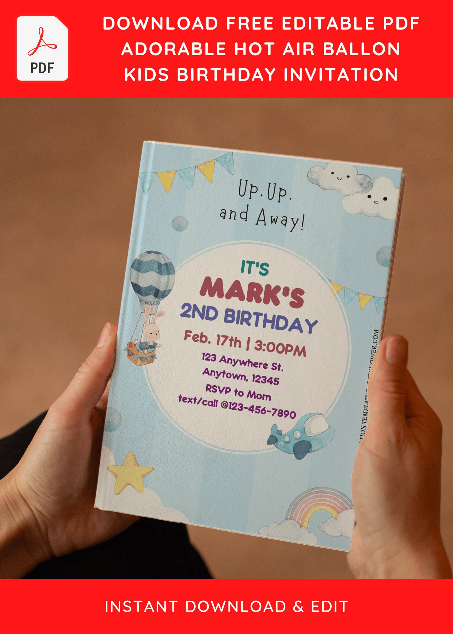 (Free Editable PDF) Up Away Hot Air Balloon Birthday Invitation Templates