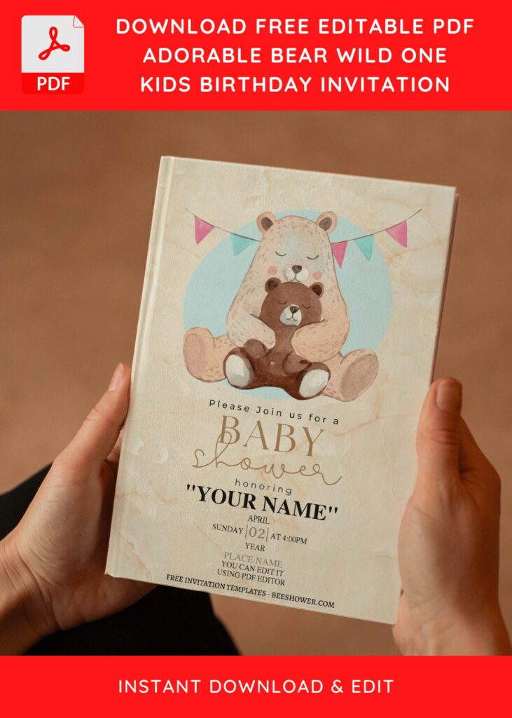 (Free Editable PDF) Watercolor Baby Bear Baby Shower Invitation Templates E