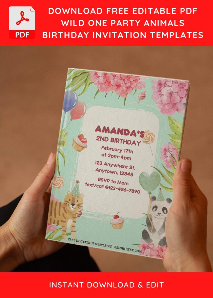 (Free Editable PDF) Adorable Watercolor Party Animals Baby Shower Invitation Templates D