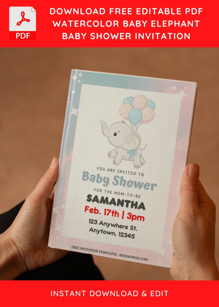 (Free Editable PDF) Watercolor Baby Elephant Baby Shower Invitation Templates E