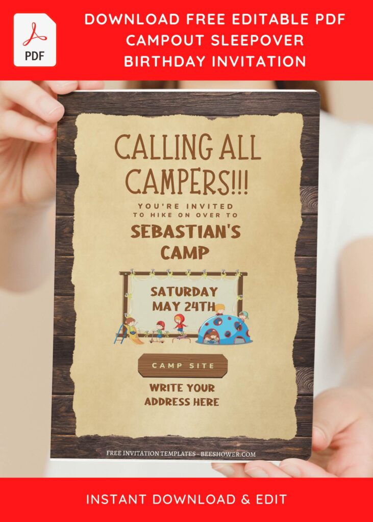 (Free Editable PDF) Epic Camping Sleepover Birthday Invitation Templates with wooden frame